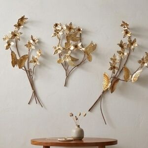 3 Vintage MCM Pair Brass Metal Butterfly Hummingbird Flower Art Wall Hangings